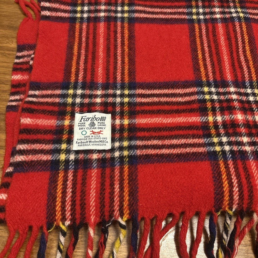 Vtg FARIBO Faribault Mills USA 100% Wool Red Plaid Stadium Throw Blanket 47x50
